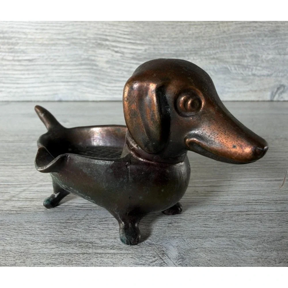 Vtg 1950's Cast Metal Dachshund Wiener Dog Ashtray Figurine Animal Japan 4.5